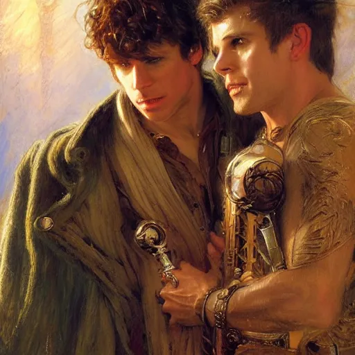 Image similar to attractive male, arthur pendragon who has blond hair confesses his love to attractive male, merlin who has dark hair. highly detailed painting by gaston bussiere, craig mullins, j. c. leyendecker 8 k