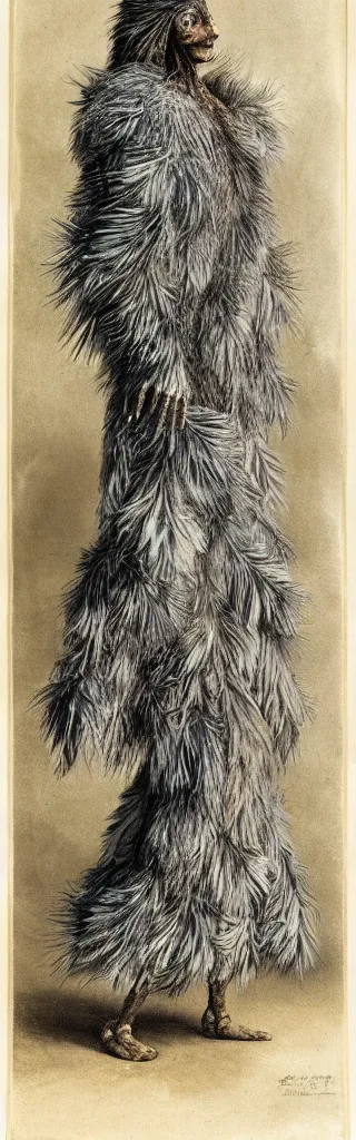 Image similar to a humanoid creature covered in feathers, photorealistic, full-body portrait