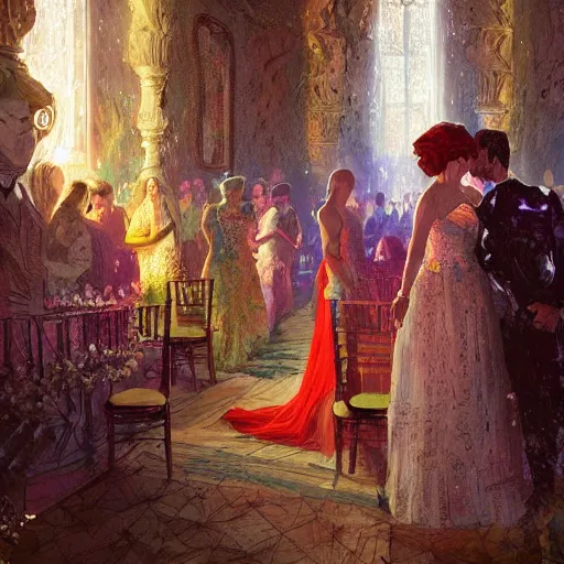 Prompt: colorful illustration of lady at a wedding, intricate complexity, by greg rutkowski,. 4 k, beautiful, cinematic dramatic atmosphere