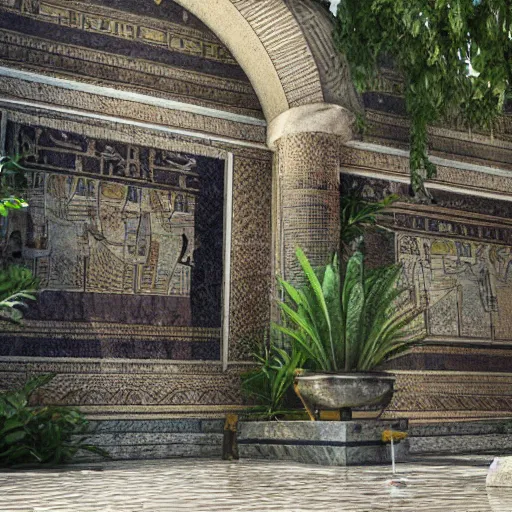 Image similar to ancient egyptian palace with plants and waterfalls, 3 d render, octane