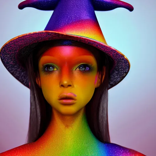 Prompt: fantasy witch wearing a rainbow hat, extreme detail, octane render, trending on artstation, 4 k, medium shot, symmetrical, bokeh, volumetric lighting, subsurface scattering.