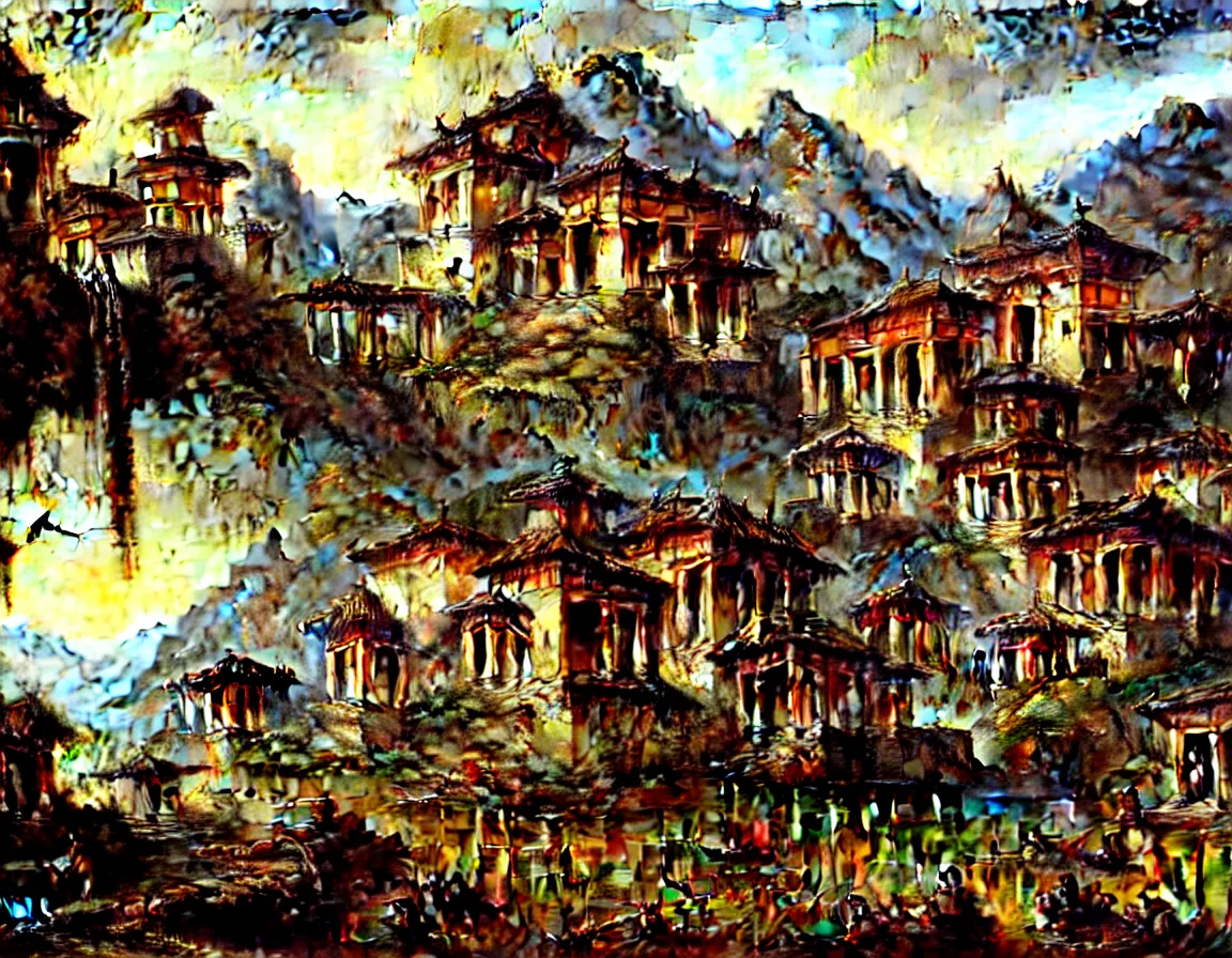 Prompt: hyper realistic detailed oil painting of ancient forgotten town of shangrila, 8 k ultra hd, by jan matejko