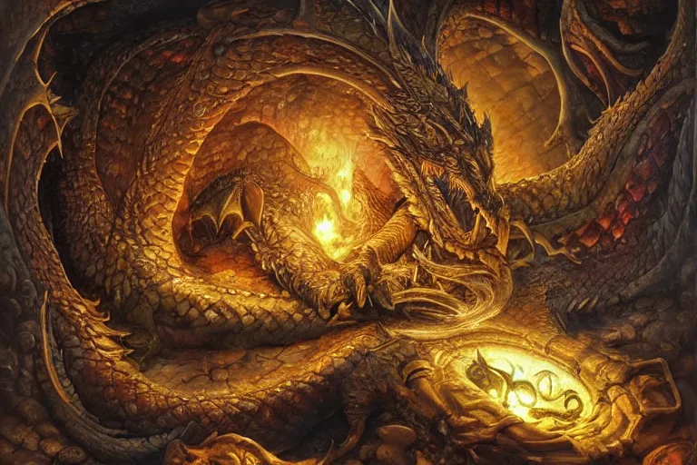 Prompt: dragon sleeping on gold and gems in a big cavern, by Justin Gerard, masterpiece, stunning