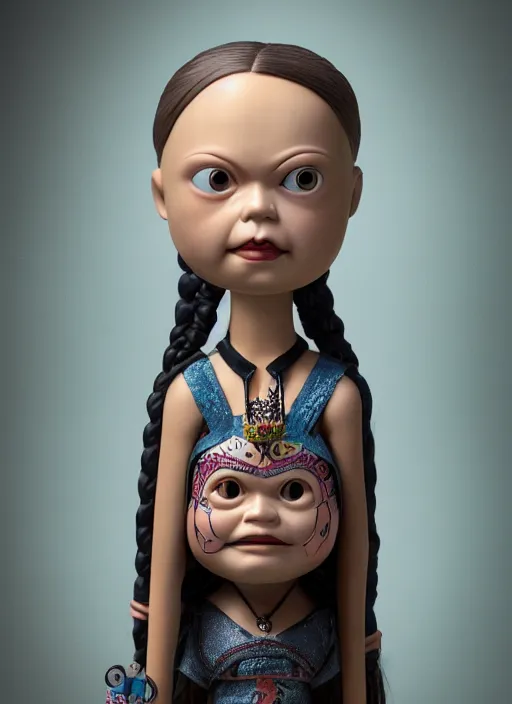 Image similar to closeup face profile portrait of tin toy greta thunberg as a gothic vampire, bikini, depth of field, zeiss lens, detailed, symmetrical, centered, fashion photoshoot, by nicoletta ceccoli, mark ryden, lostfish, breathtaking, 8 k resolution, extremely detailed, beautiful, establishing shot, artistic, hyperrealistic, octane render