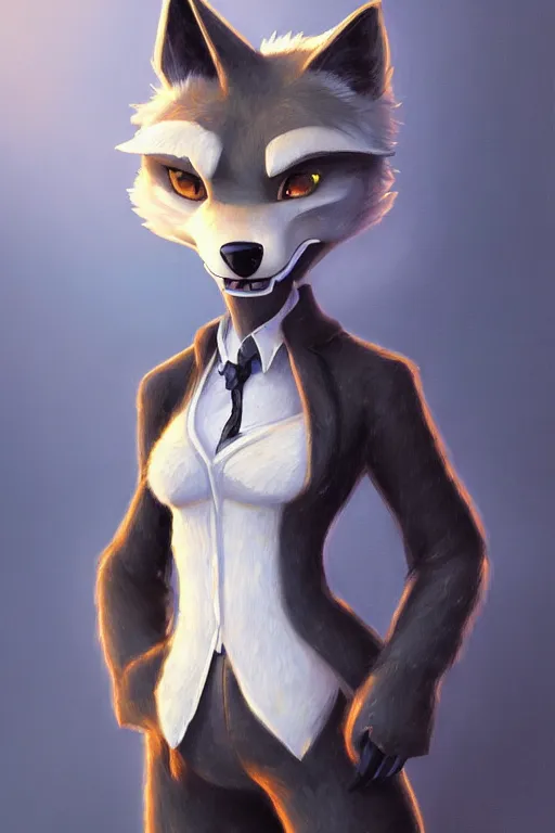 Prompt: oil painting of anthromorphic female wolf, in style of cory loftis, female fursona, furry, furaffinity, 4 k, deviantart, furry art, fursona art, wearing black business suit, business suit, in style of cory loftis, wolf fursona, cyberpunk, female, very expressive detailed feminine face,