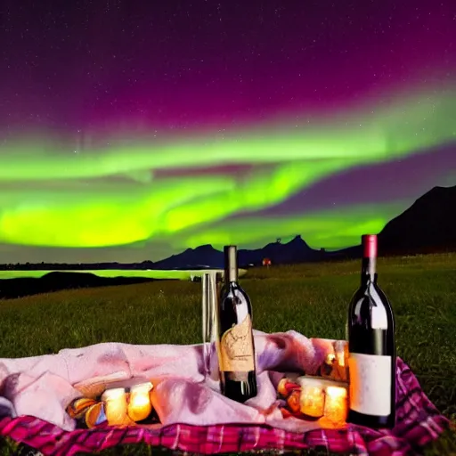 Prompt: romantic picnic with wine bottles under an aurora borealis