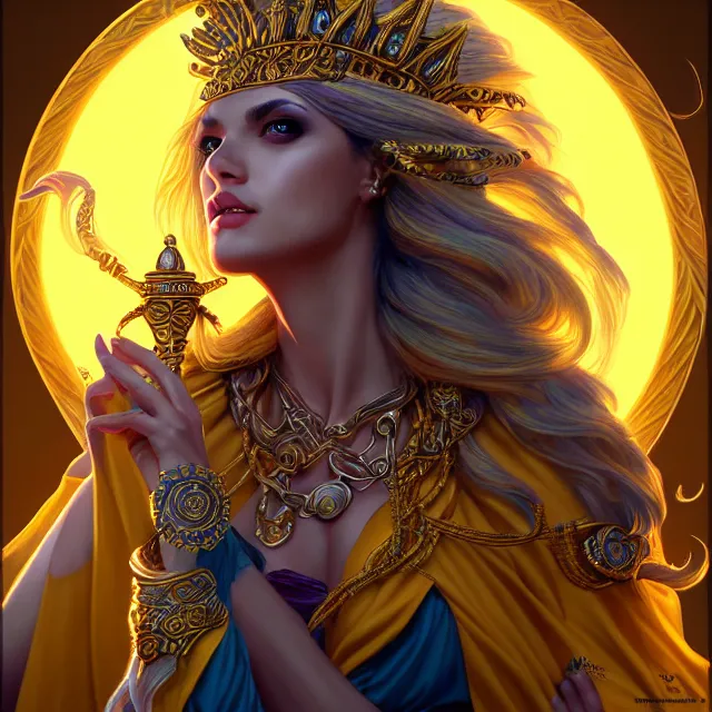 Prompt: beautiful elemental sun witch with ornate yellow robes and staff, highly detailed, 4 k, hdr, smooth, sharp focus, high resolution, award - winning photo, artgerm, photorealistic