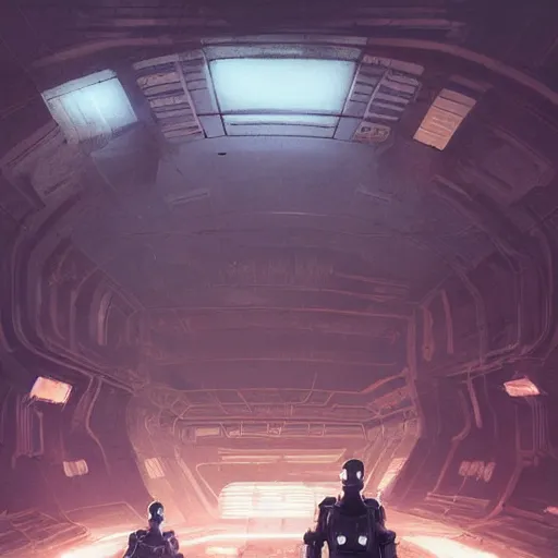 Image similar to concept art by greg rutkowski, three people wearing futuristic space suits, exploring the interior of an abandoned space station, brutalist futuristic interior, dark lighting atmosphere, detailed portraits, scary atmosphere, scifi, digital painting, artstation, concept art, smooth, sharp foccus ilustration, artstation hq