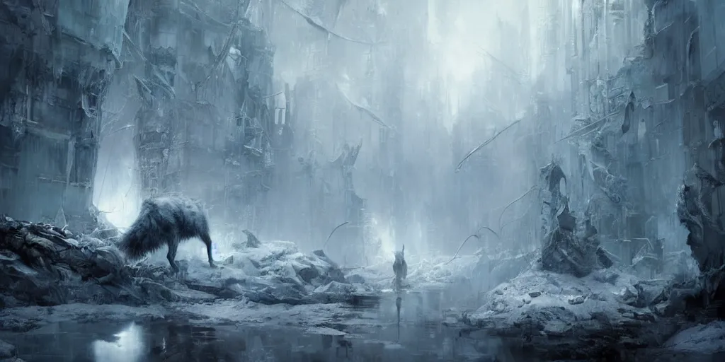 Prompt: a lone white wolf in a nightmare landscape, sad, emotive, high detail, cinematic, beautiful painting by wadim kashin, ruan jia, android jones, jakub rebelka