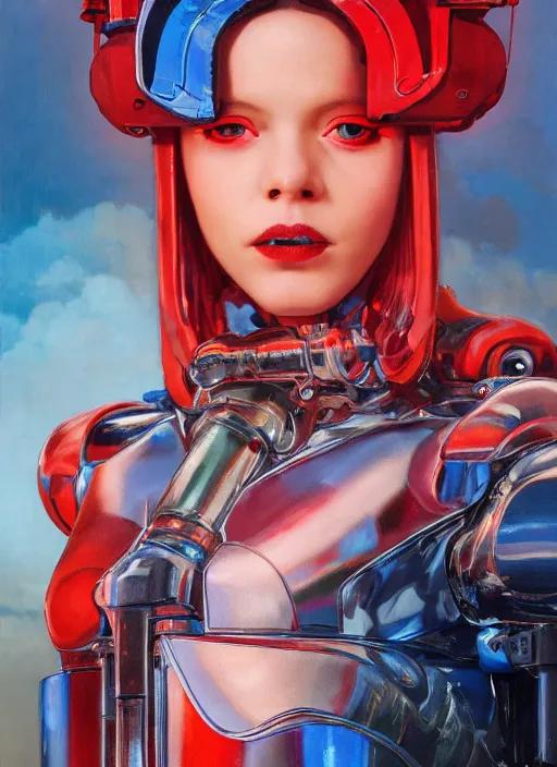 Image similar to ( ( symmetry ) ) closeup portrait of a ( cyborg ) vape girl, fashion mechanic jumpsuit with shiny shoulder pads, cinematic light, windy, red blue, ( ( volumetric smoke ) ), mist, by gerald brom, by mikhail vrubel, by peter elson, muted colors, extreme detail, trending on artstation, 8 k