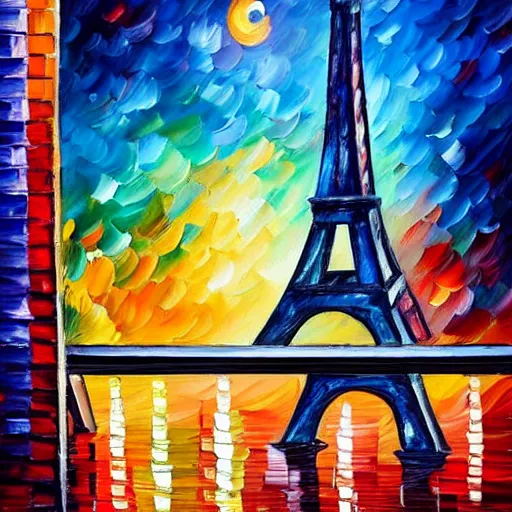 Image similar to knife - painting of a colorful and contrasted scenery, a cat walk on a roof in paris, the moon shine in the sky, the effeil tower is in the background, in the style of leonid afremov