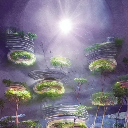 Image similar to beautiful happy picturesque charming sci - fi organic pod - like homes of the future in a beautiful natural scene. water, trees and rocks. beautiful light. soft colour scheme. beautiful artistic detailed watercolor by lurid. ( 2 0 2 2 )