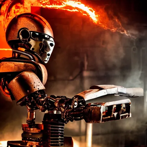 Image similar to toaster oven terminator robot, dark messy smoke - filled cluttered workshop, dark, dramatic lighting, orange tint, sparks, cinematic, highly detailed, sci - fi, futuristic, movie still