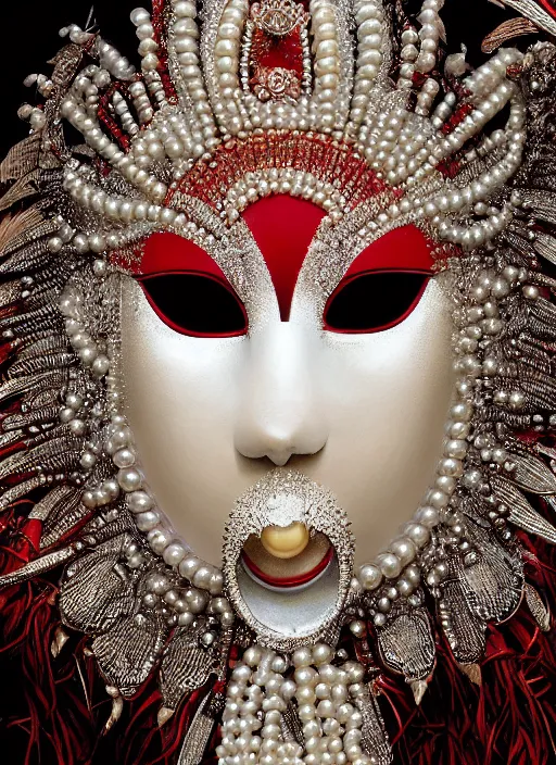 Image similar to hyperrealism, detailed textures, award winning autochrome photo, symetrical japanese pearl, beautiful animal pearl queen, autochrome pearl portrait, pearls, red feathers, silverplate, intricate, detailed facial pearl scary animal mask, pearl, golden jewelery, silverplate, ultra realistic, cinematic, intricate, by steve mccurry, unreal engine 8 k