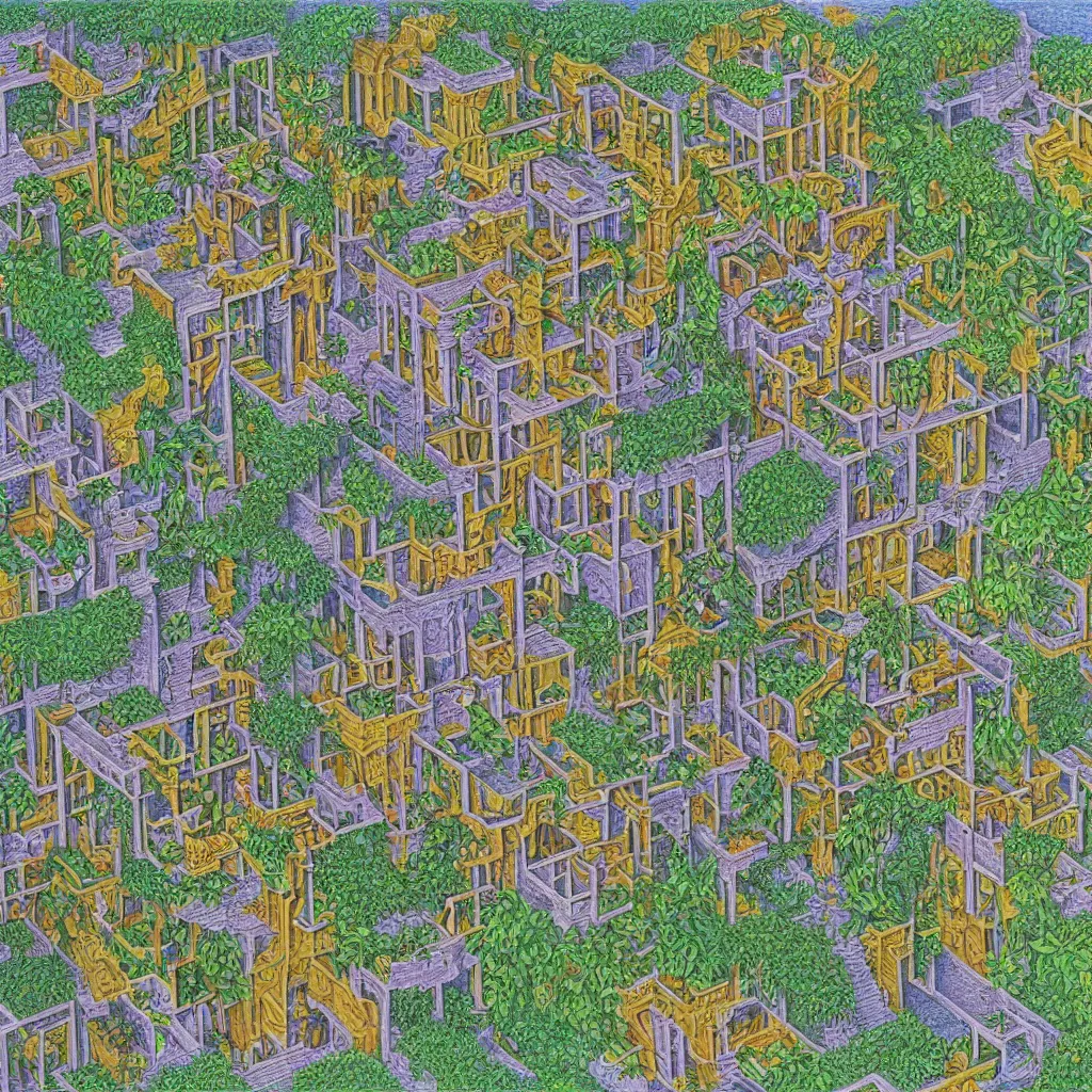 Image similar to Hanging gardens of babylon, in the style of m c escher, colored pencil drawing