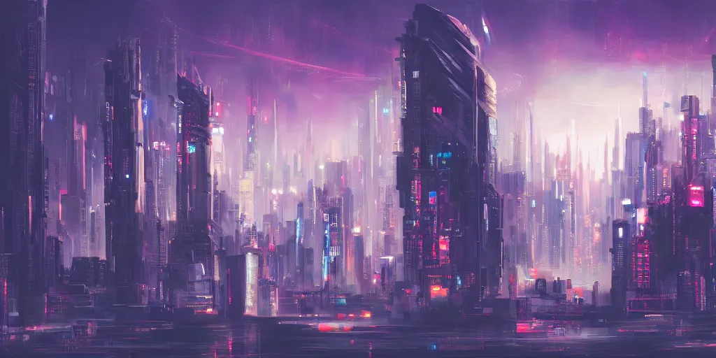Prompt: city in the style of cyberpunk, singular gigantic building focus, space sky, anime illustration, oil painting
