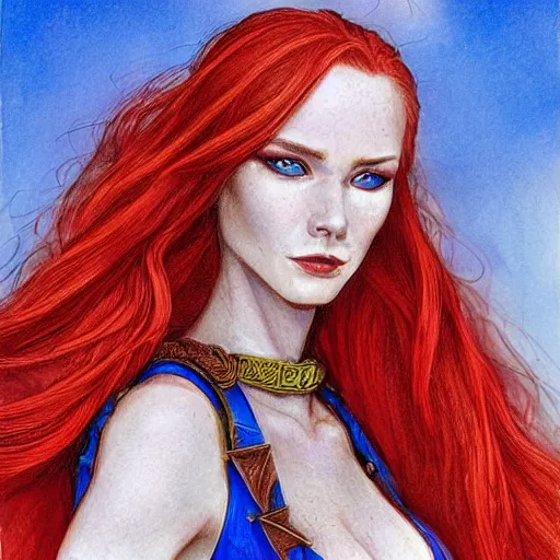 Image similar to a beautiful warrior woman, red hair, blue dress, detailed, rose garden, by john howe _ h 7 0 4