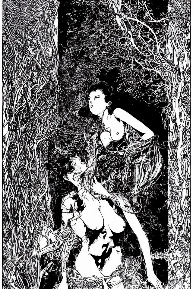 Image similar to beautiful woman at the entrance of the temple of desire by sergio toppi and apollonia saintclair