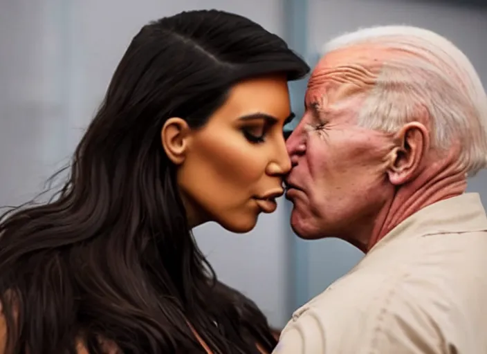 Image similar to film still of kim kardashian being kissed to sleep by joe biden, 8 k