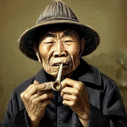 Image similar to a sad old chinese man with his pipe in his mouth, high quality, high resolution,detailed, oil painting by wlop