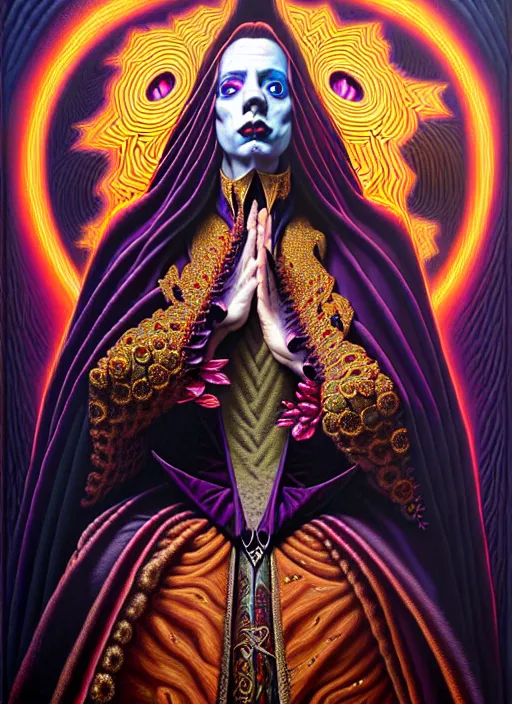 Image similar to beautiful oil painting, full length portrait of vampire dauphinois in baroque coronation robes 1 7 0 1, dan mumford, dan mumford, alex grey, hyacinthe rigaurd, highly detailed, lsd visuals, dmt fractal patterns, visionary art, psychedelic art, ornate, vaporwave, baroque, greg rutkowski