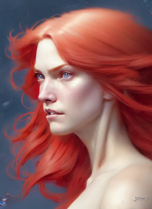 Prompt: close up highly detailed portrait of a beautiful!!! smirking! pale girl with flowing red hairs, sideview!!!, side view, beautiful eyes. by greg rutkowski and gaston bussiere and craig mullins and j. c. leyendecker, hd