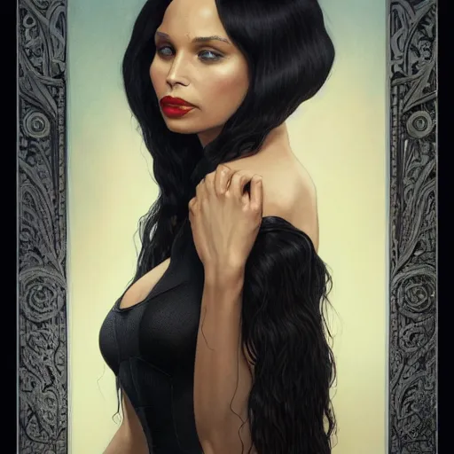 Image similar to zoe kravitz as morticia addams, masterpiece, intricate, elegant, highly detailed, digital painting, artstation, concept art, smooth, sharp focus, illustration, art by artgerm and greg rutkowski and alphonse mucha and uang guangjian and gil elvgren and sachin teng, symmetry!!