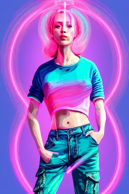 Image similar to a award winning half body portrait of a beautiful woman in a croptop and cargo pants with ombre purple pink teal hairstyle and hands in pockets by thomas danthony, surrounded by whirling illuminated lines, outrun, vaporware, shaded flat illustration, digital art, trending on artstation, highly detailed, fine detail, intricate