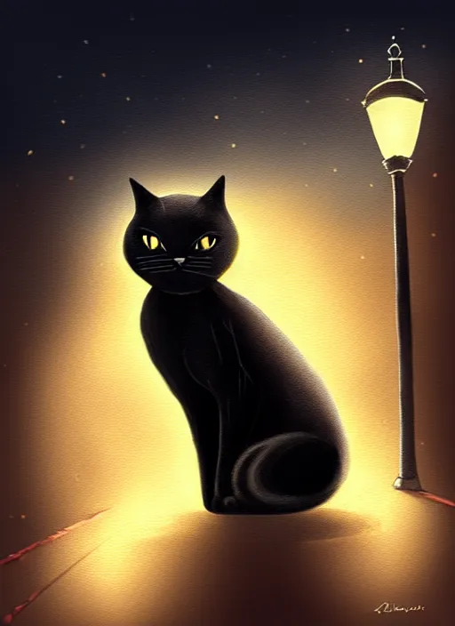 Image similar to black cat, moon, road, streetlight, fantasy, intricate, elegant, highly detailed, lifelike, photorealistic, digital painting, artstation, illustration, concept art, smooth, sharp focus