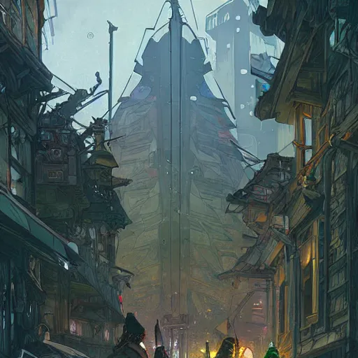 Prompt: Tlingit Maori solarpunk post-apocalyptic city street scene by Greg Rutkowski, Alphonse Mucha, Anato Finnstark, and Studio Ghibli