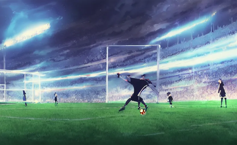Image similar to An obese goal keeper saving a penalty, soccer game, anime scenery by Makoto Shinkai, digital art