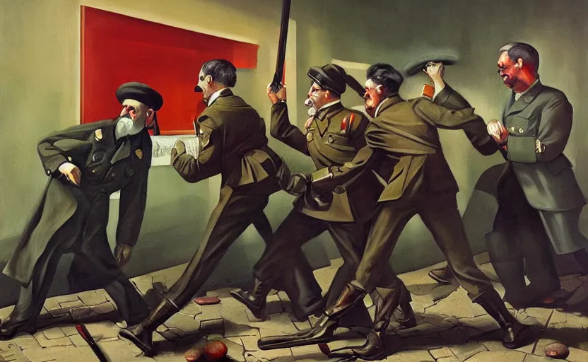 Prompt: Karl marx and hitler with stalin fighting each other, highly detailed, very coherent, painted by Francis Bacon and Edward Hopper, Wayne Barlowe, painted by James Gilleard, surrealism, airbrush, art by JamesJean