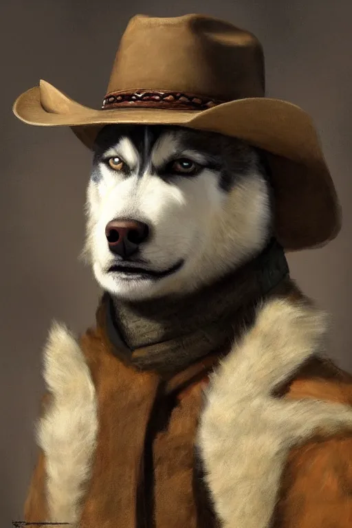 Prompt: a portrait painting of a husky in cowboy costume, wearing a cowboy hat, by rembrandt, [ red dead ], [ western film ], humanoid, personify, anthropomorphic, trending on artstation