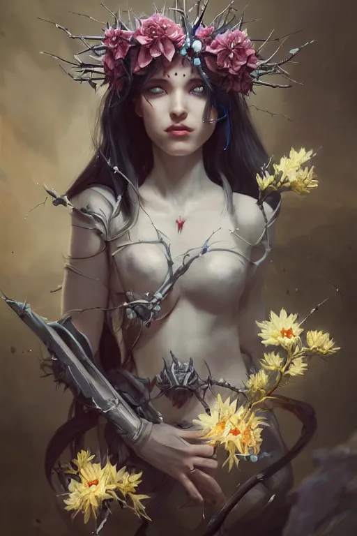 Image similar to portrait of cute gith maiden girl with crown of thorns and white hairs, warhammer, cyberpunk, 3 d render, hyper realistic detailed portrait, holding magic flowers, scifi, fantasy, hyper detailed, octane render, concept art, peter mohrbacher, artgerm, ruan jia, wlop