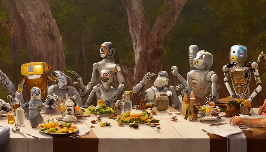 Image similar to a table dinner of robots where robots are dressed like the characters from the midsommar movie, realistic detailed digital art by maxwell boas jessica rossier christian dimitrov anton fadeev trending on artstation cgsociety rendered in unreal engine 4 k hq