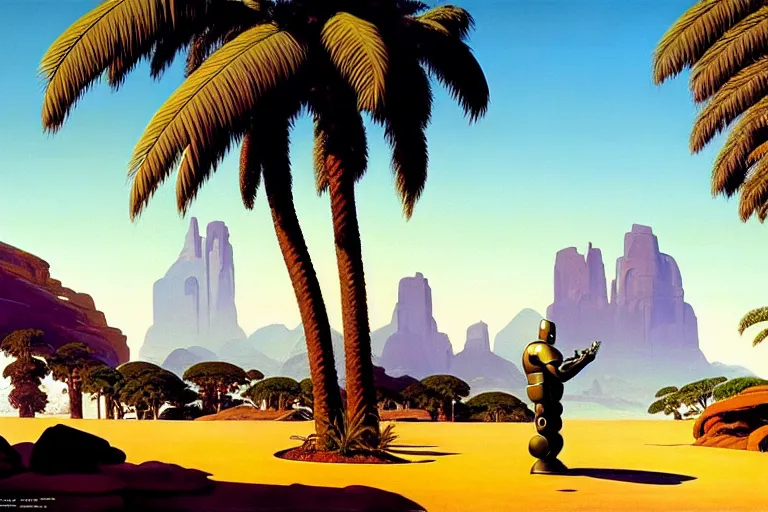 Image similar to natural american landscape | robot greeting another robot | palm trees | snowy mountains, painting by syd mead and weta studio and james jean, frank frazetta, highly detailed, rule of third, soft lighting, 8 k resolution, oil on canvas, architectural magazine, beautiful detailed, insanely intricate details, artstation trending, hypermaximalistic, high details, cinematic