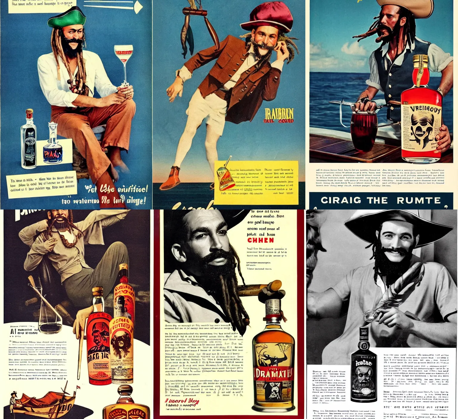 Prompt: 1960 vintage rum ad featuring a real pirate with dreadlock beard