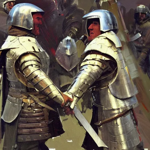 Image similar to portrait of two men wearing gambeson and medieval helmets, fighting, duelling, clashing swords, detailed by greg manchess, craig mullins, bernie fuchs, walter everett