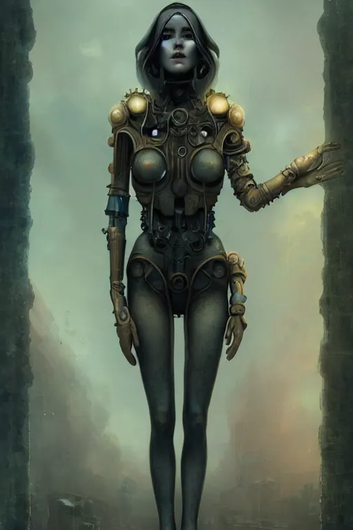 Image similar to By Tom Bagshaw, Abstract tech, a very beautiful steampunk female in bodysuit, ruins by night, symmetric body features proportions, horror, volumetric clouds and fog, focus, detailed, realistic eyes looking at camera, symmetric body features proportions, golden ratio, intricate details, award winning, unreal render, by Tom Bagshaw