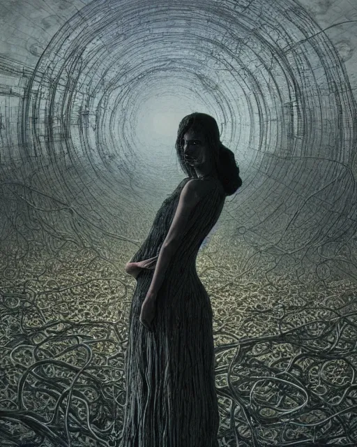 Image similar to A portrait of a woman wearing clothes made out of dying flowers, nuclear explosion in the background, Masterpiece, deep black skin, glowing, wires everywhere, by Edgar Maxence and Ross Tran, Zdzisław Beksiński, and Michael Whelan, distant, gustav dore, H.R. Giger, 8k, octane render