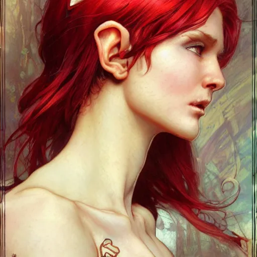 Image similar to highly detailed closeup portrait of beautiful elf woman with red hair, very detailed, realistic, card, by Stanley Artgerm Lau, greg rutkowski, thomas kindkade, alphonse mucha, loish, norman rockwell J.