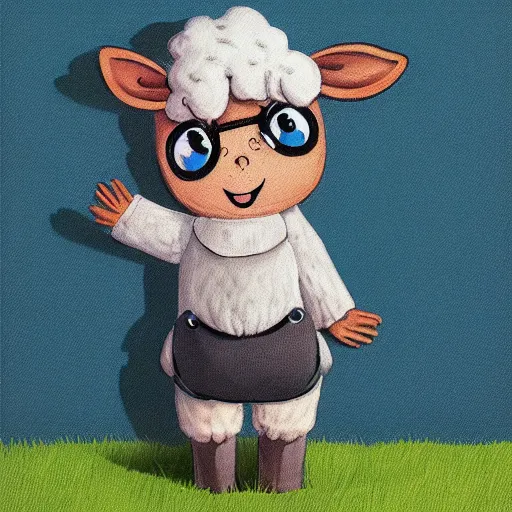 Prompt: A sheep wearing overalls, children's illustration, illustration, artstation, cute,