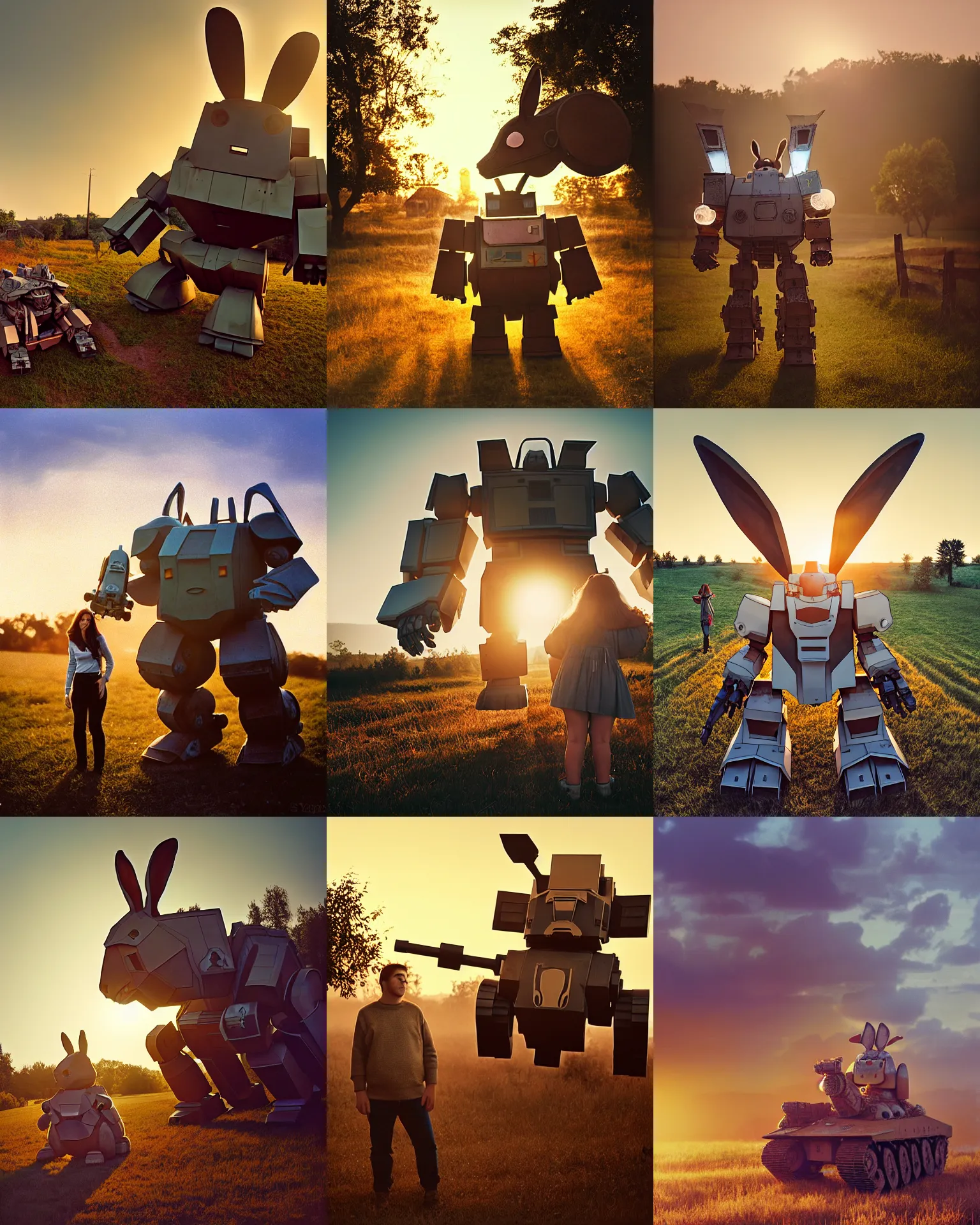 Prompt: giant oversized chubby battle armored rabbit robot mech, with big rabbit ears ,on a sunset rural village , Cinematic focus, Polaroid photo, vintage, neutral colors, soft lights, foggy, panorama by Steve Hanks, by Serov Valentin, by lisa yuskavage, by Andrei Tarkovsky