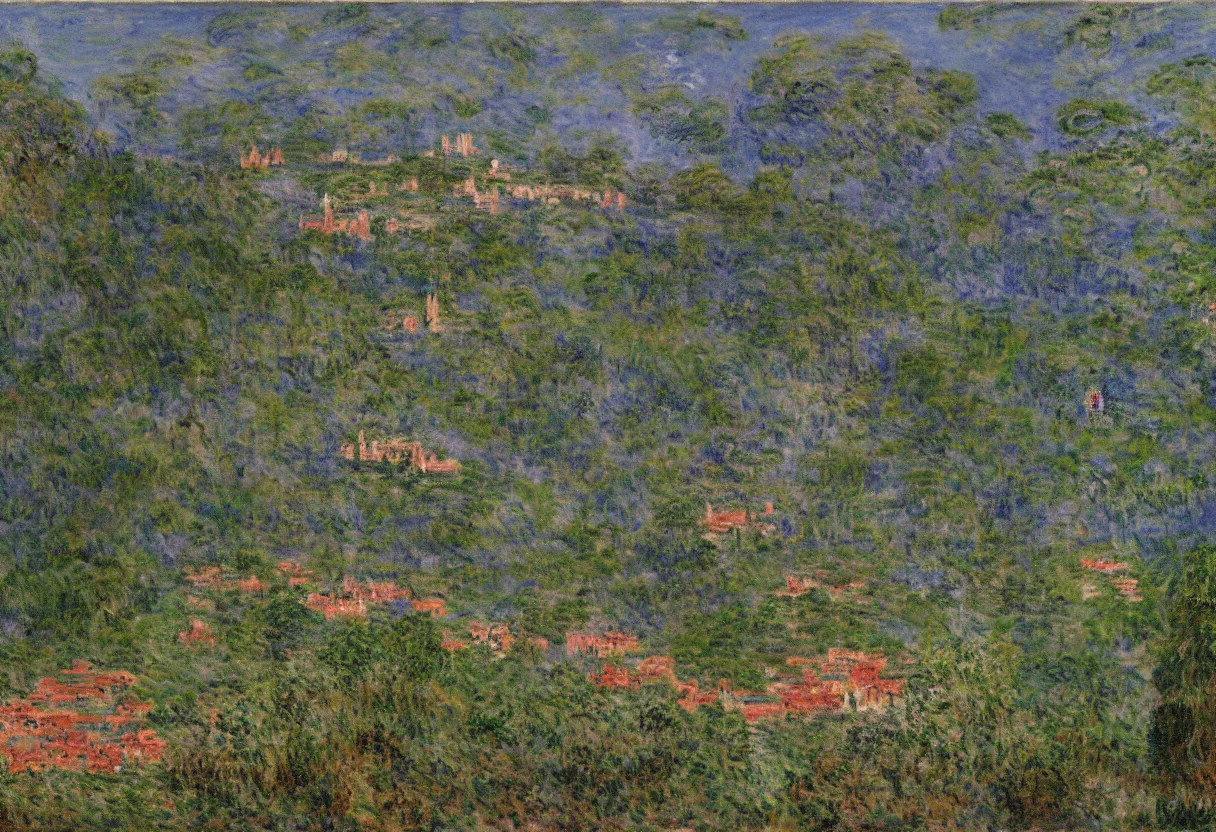 Prompt: aztec village between mountains, jungle, lakes and fields, by claude monet