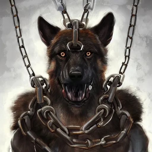 Prompt: a wounded humanoid german shepherd beast - man in military style, his hands are covered with chains, sitting on the bed, highly detailed portrait, digital painting, artstation, concept art, smooth, sharp foccus ilustration, artstation