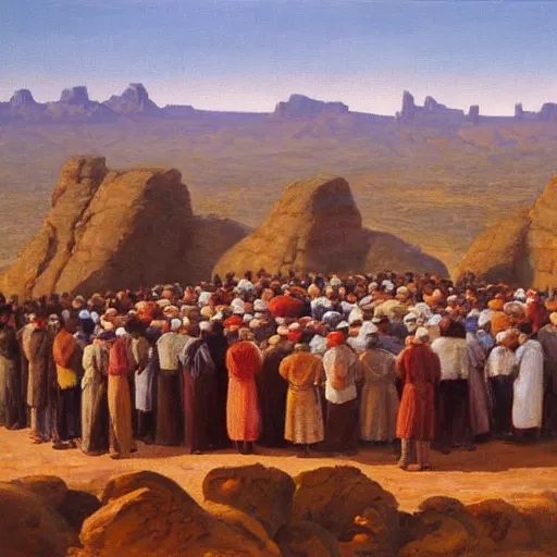 Prompt: Oil painting of a crowd of pilgrims standing on the rim of an enormous pottery bowl in the Arizona desert
