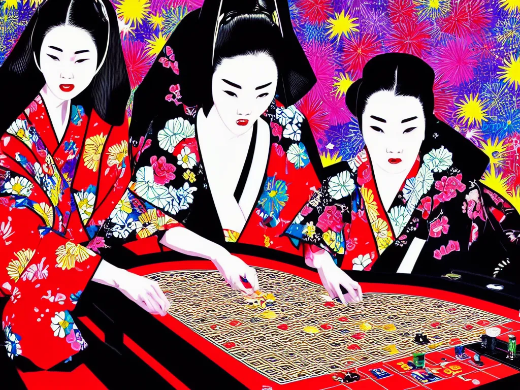 Image similar to hyperrealistic composition of the detailed woman in a japanese kimono sitting at a extremely detailed poker table with detailed darth vader, fireworks, mount fuji on the background, pop - art style, jacky tsai style, andy warhol style, acrylic on canvas