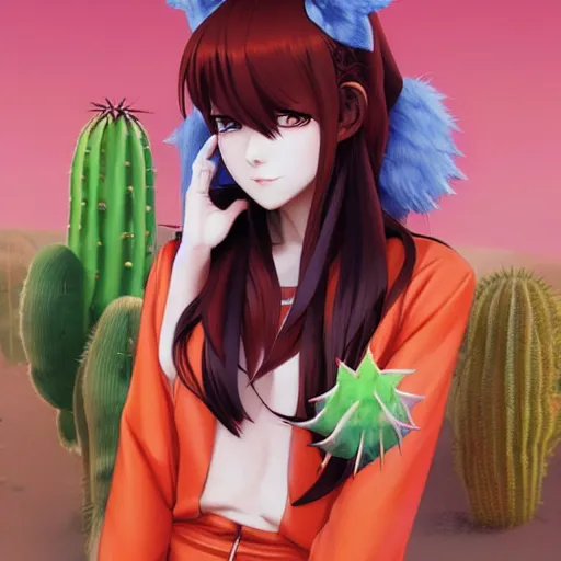 Prompt: A red-haired anime girl with fox ears and an evil grin in an orange jumpsuit holds a cactus artwork of a single character, highly detailed, artstation, smooth, sharp focus, illustration, art by artgerm and greg rutkowski and makoto shinkai