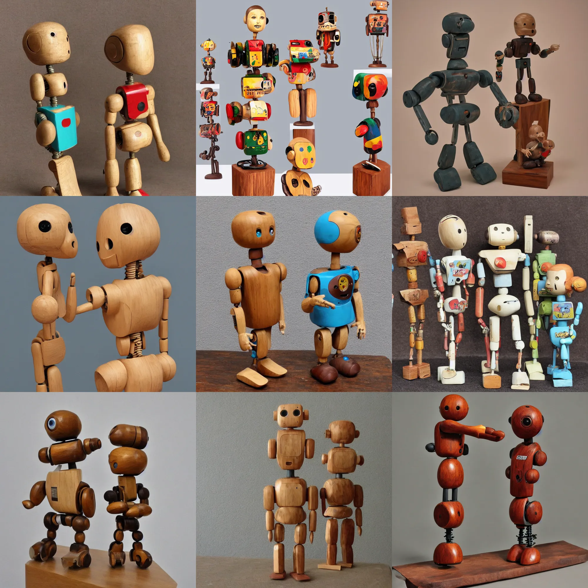 Prompt: realistic a wooden sculpture art toys collection on a pedestal a very cute figurine robot retrofuturiste popart