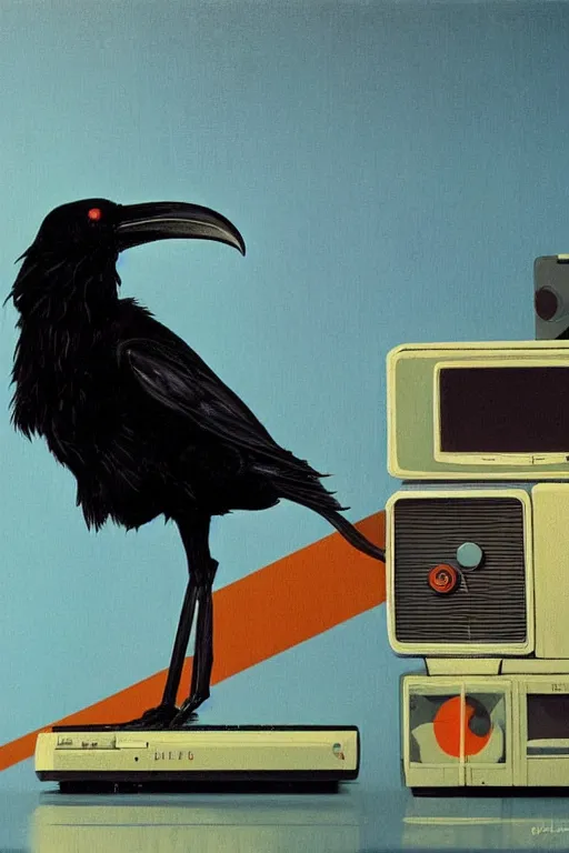 Prompt: a raven standing amongst 8 0 s era technology, vintage shapes, retro technology, dreamy color, wayne barlow, oil on canvas, deep depth of field, masterpiece, cinematic composition, hyperdetailed